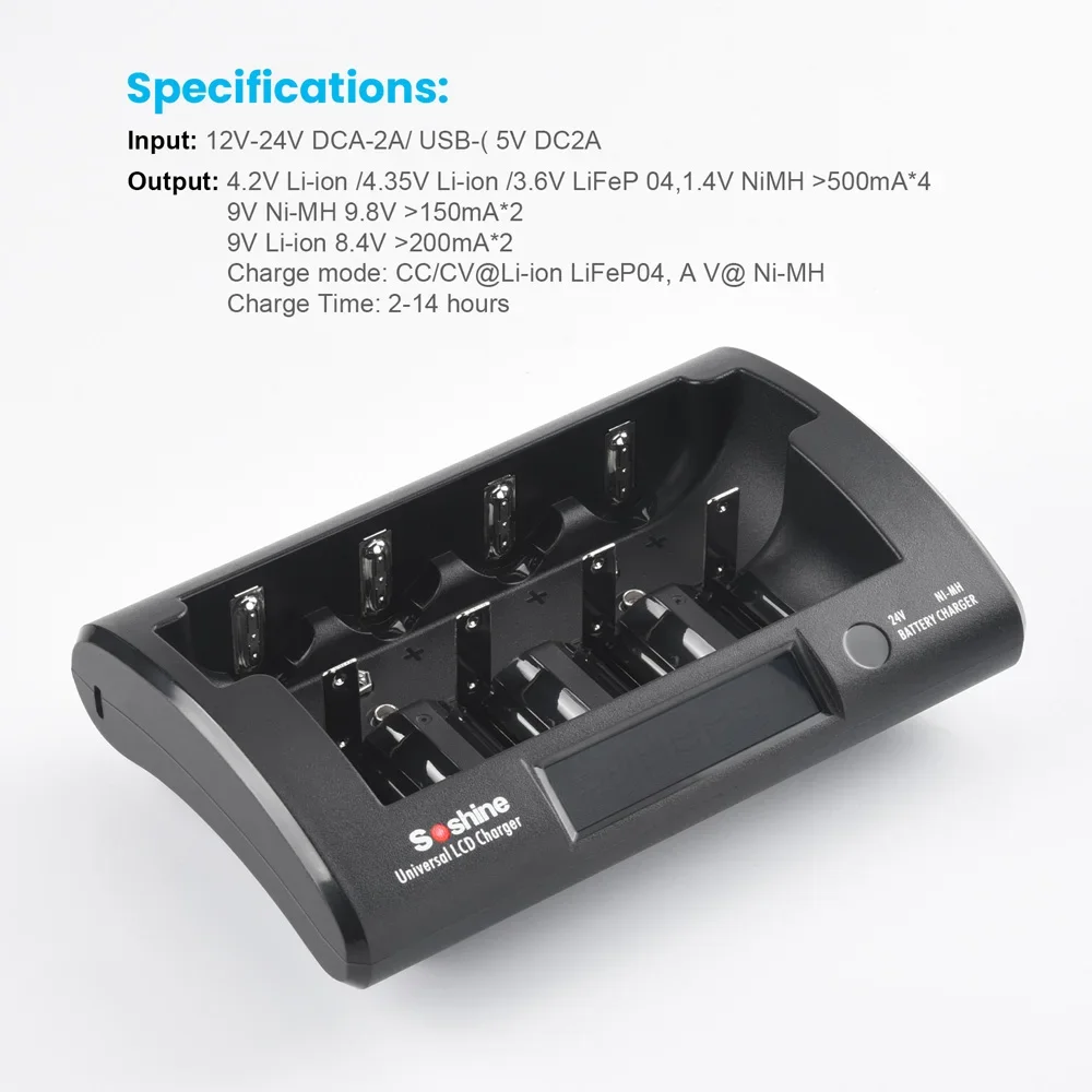 Soshine lcd universal ladegerät 12v 2a batterie ladegerät für lifepo4 li-ion rcr123 ni-mh aaa aa