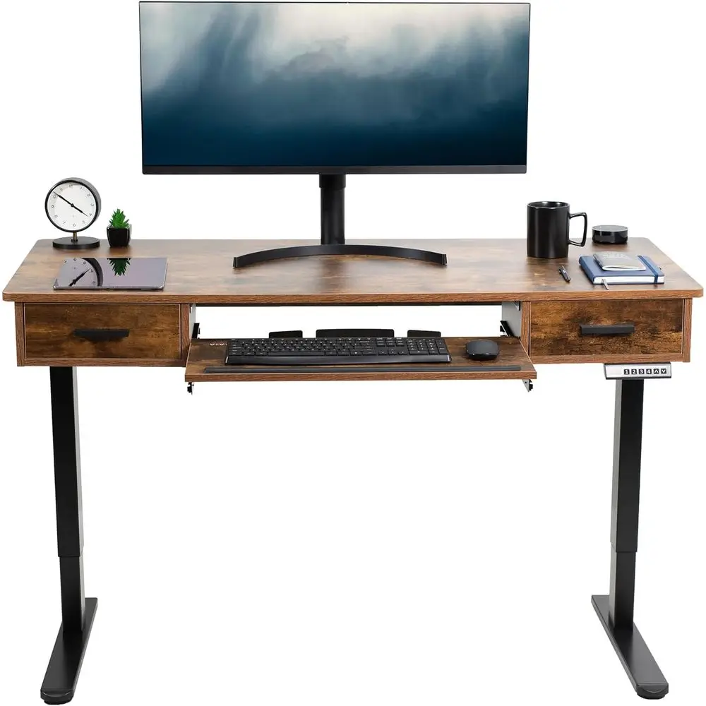 

Vintage Brown 55x24 Electric Height Adjustable Stand Up Desk with Built-in Drawers and Keyboard Tray
