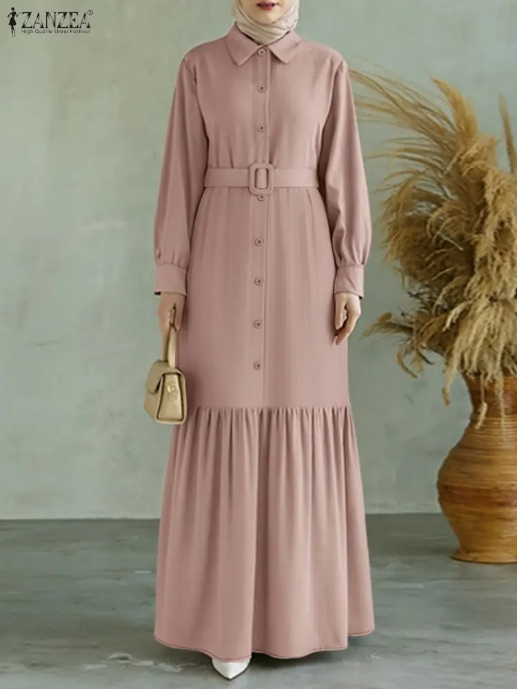 ZANZEA 2025 Eleganckie sukienki biurowe z długim rękawem dla kobiet, długa sukienka maxi na jesień, jednolita, z paskiem, elegancka sukienka z falbanką na dole, sukienki do pracy