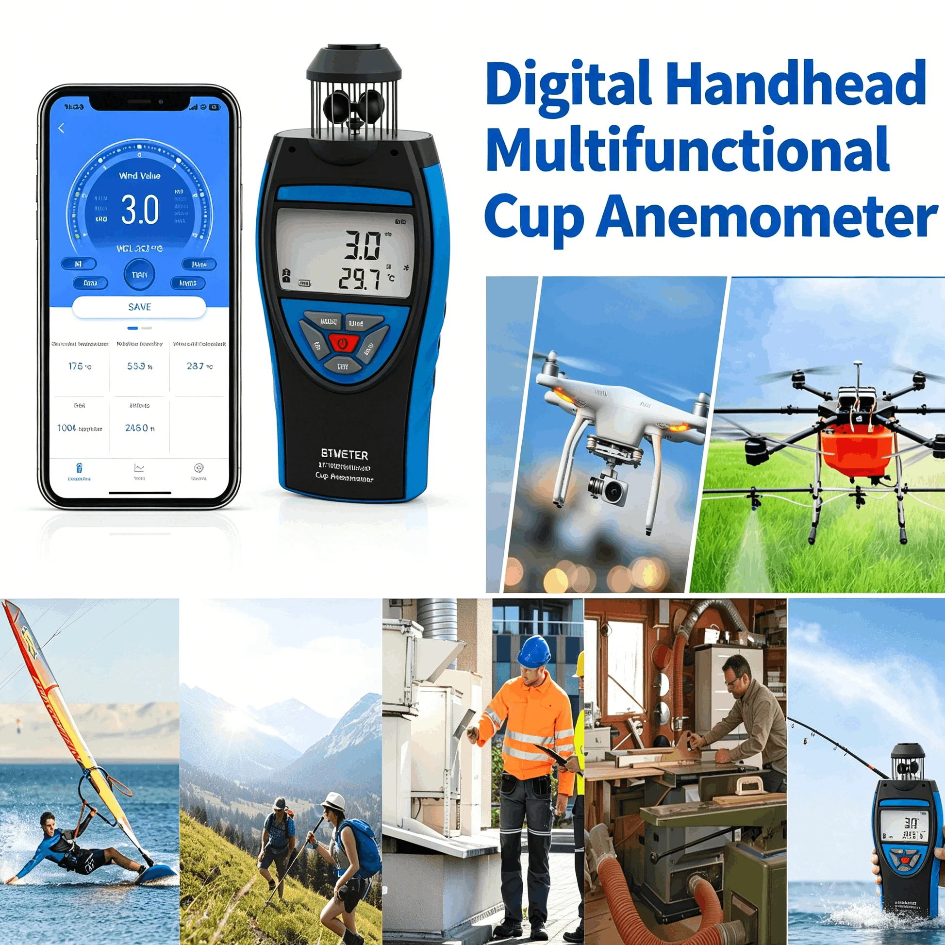 8806WM Weather Meter with Bluetooth APP, 360° Wind Speed Temp Humidity Barometer Altitude Dew Point Compass For Field & Outdoor