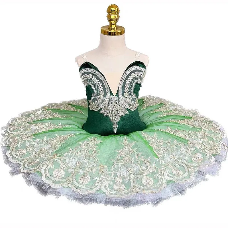 Robe de Ballet Professionnelle pour Fille Adulte, Tutu de brev, Costume de Ballerine, Vert, Brodé, Crêpe, FzLake