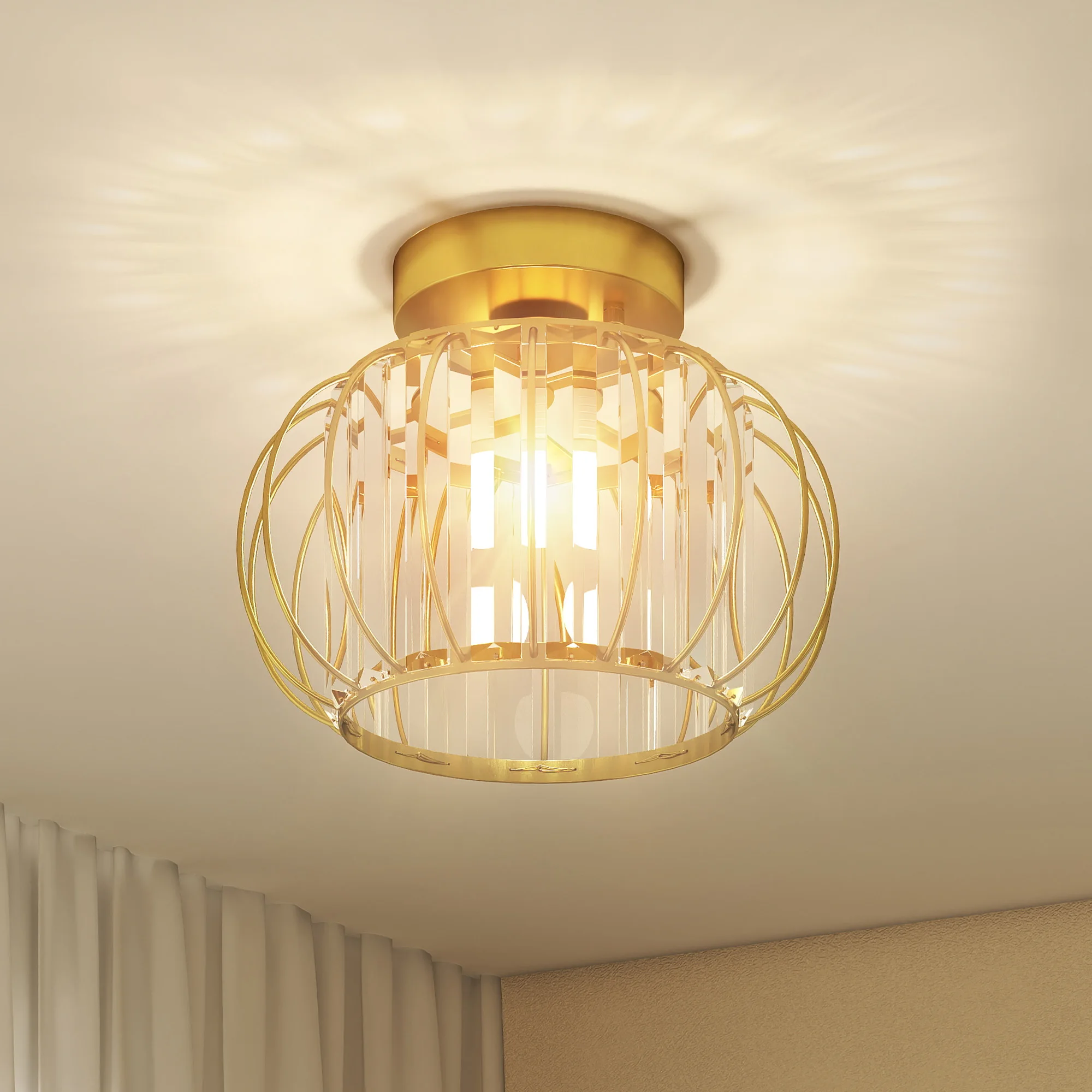 HOMCOM Modern and Minimal LED Cage Ceiling Light with 18 Crystals, Metal LED Chandelier, Ø27x19 cm, Gold