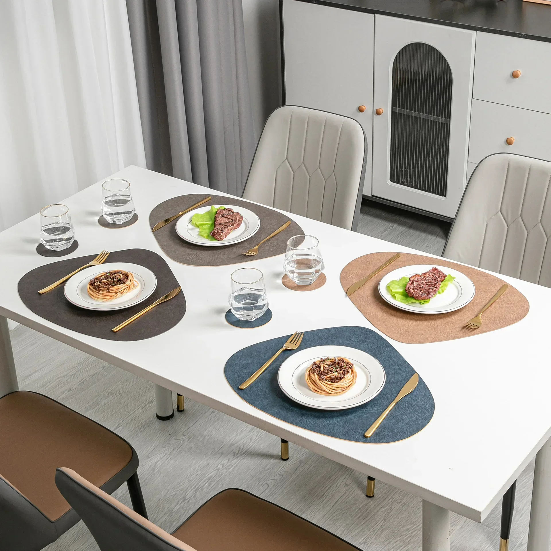 Nordic PU Leather Placemat & Coaster Set - Teardrop 42.5x34cm + Round 10cm,Double-Sided Non-Slip Waterproof Oil-Proof(1-10 Sets)