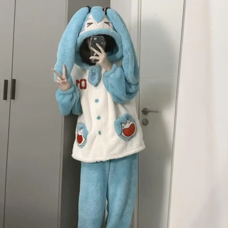 الشتاء Miku المرأة منامة قطعتين مجموعة ملابس المنزل فضفاضة السراويل خريف شتاء دافئ طويل الأكمام ملابس خاصة المرأة المتسكعون