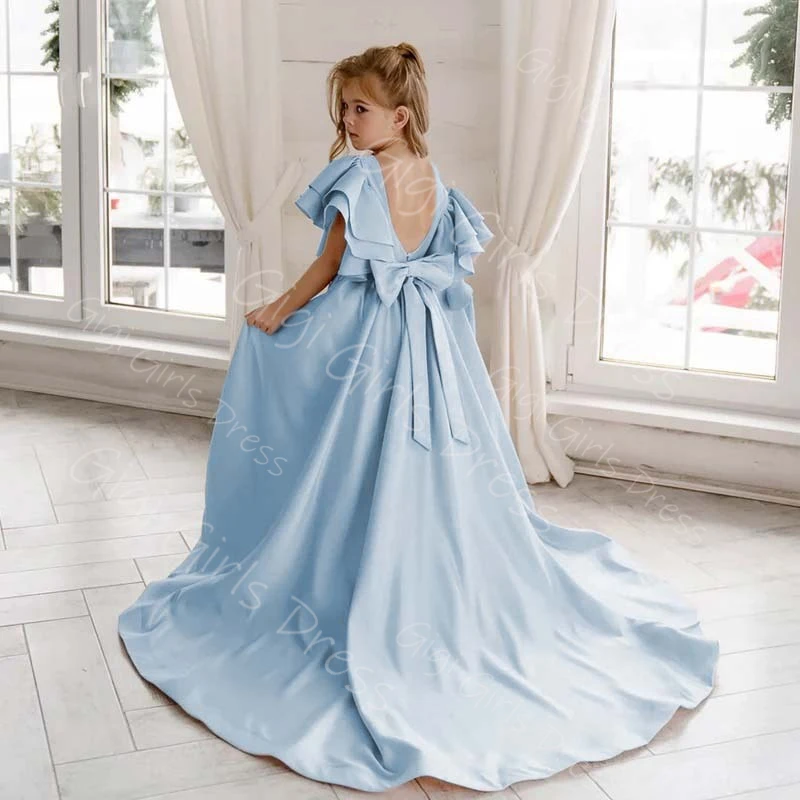 エレガントなサテンフラワーガールドレス トレイン付き フリル袖 オープンバック プリンセスページェントドレス カスタム聖体拝領誕生日パーティードレス