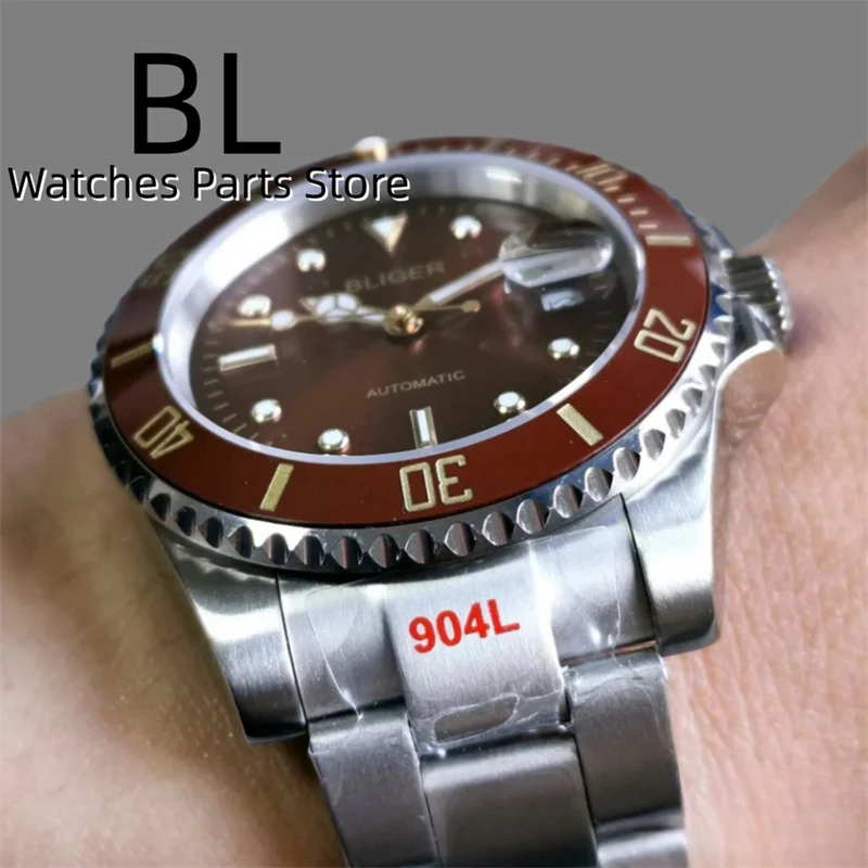 BLIGER 40mm Watch For Men With Brown Bezel Dial With Gold Index Sapphire Glass NH35 PT5000 Miyota Automatic Steel Bracelet Date