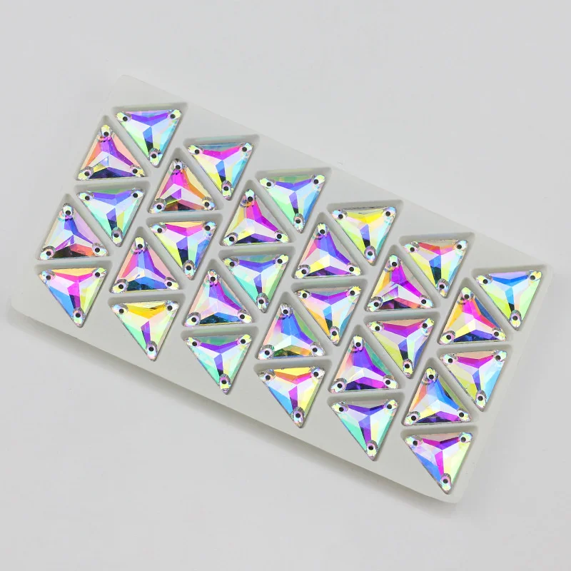 Allsize Sew On strass AB Glass Stones Tri Angle Shape Crystal Three Holes Flatback Sewing On Stone For Clothes Craft