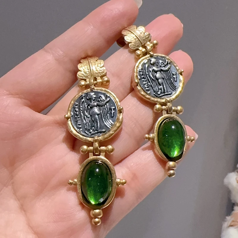 Vintage Emerald Green Oval Natural Stone Dangle Earrings Pendant Gold Color Coin Antique Jewelry for Woman Accessories Luxury
