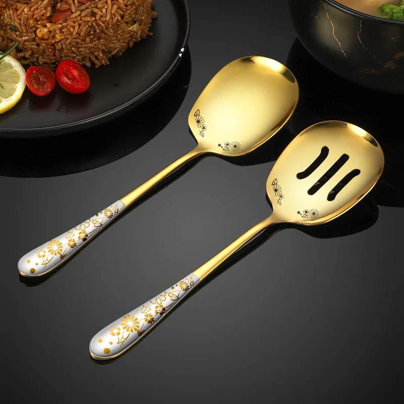 304 Stainless Steel Creative Enlarged Serving Spoon Food Spatula Long Handle Mirror Polishing Colander Gold/Silver Tableware