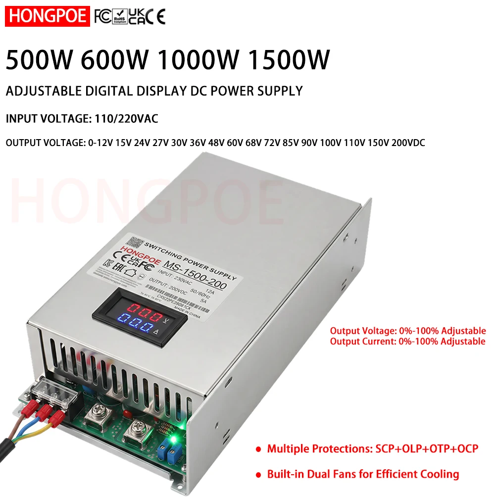 DC 0-200V Digital Display Switching power supply 500/600/1000/1500W SMPS 0-100% Adjustable Voltage/Current 110/220VAC LED Motors
