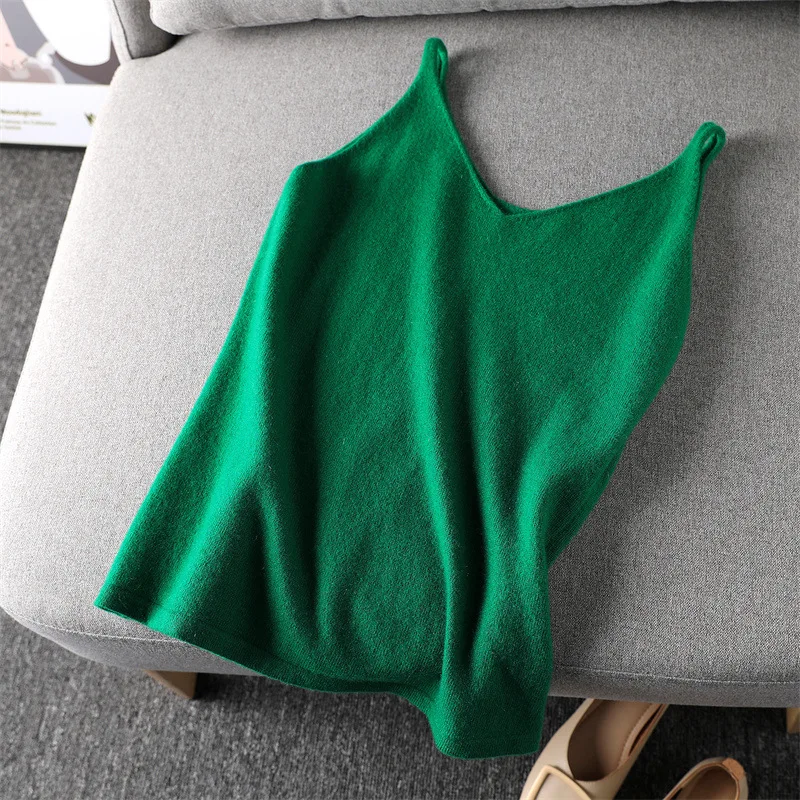 Knitted Pure Wool Vest Women's V-Neck Spring Autumn New Sleeveless Base Sweater Close Fitting Simple Versatile Trendy Camisoles