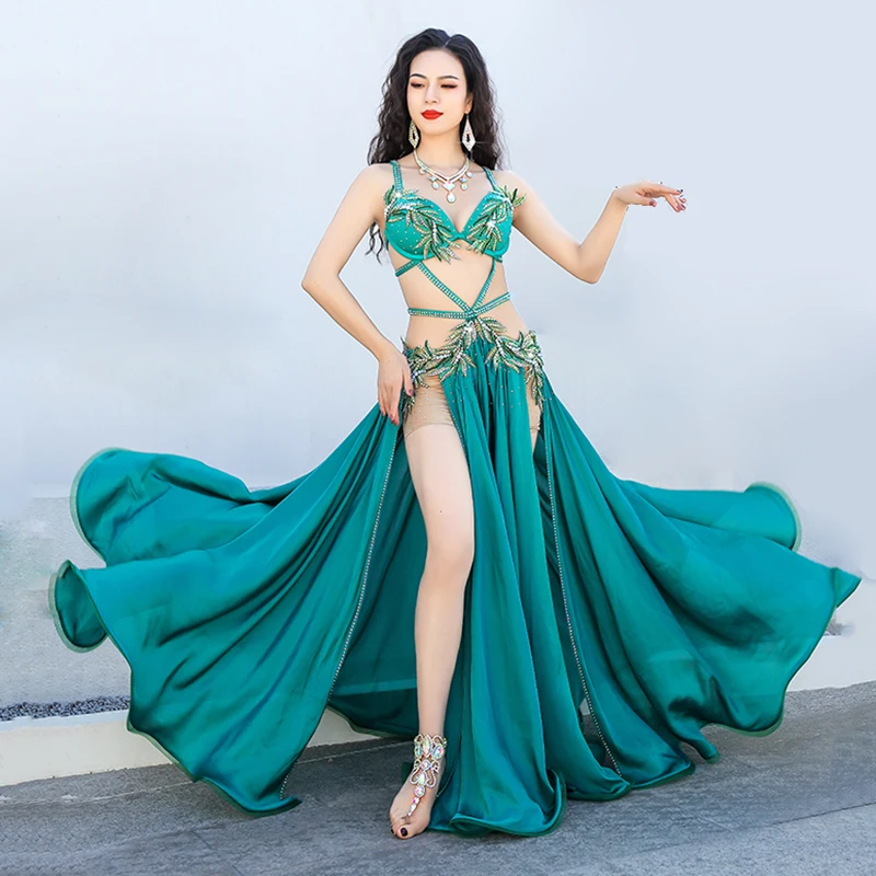 Top Women Egyptian Belly Dance Costume Set Popsong Performance Dance Outfit Group Competition Costumes Maxi Satin Skirt