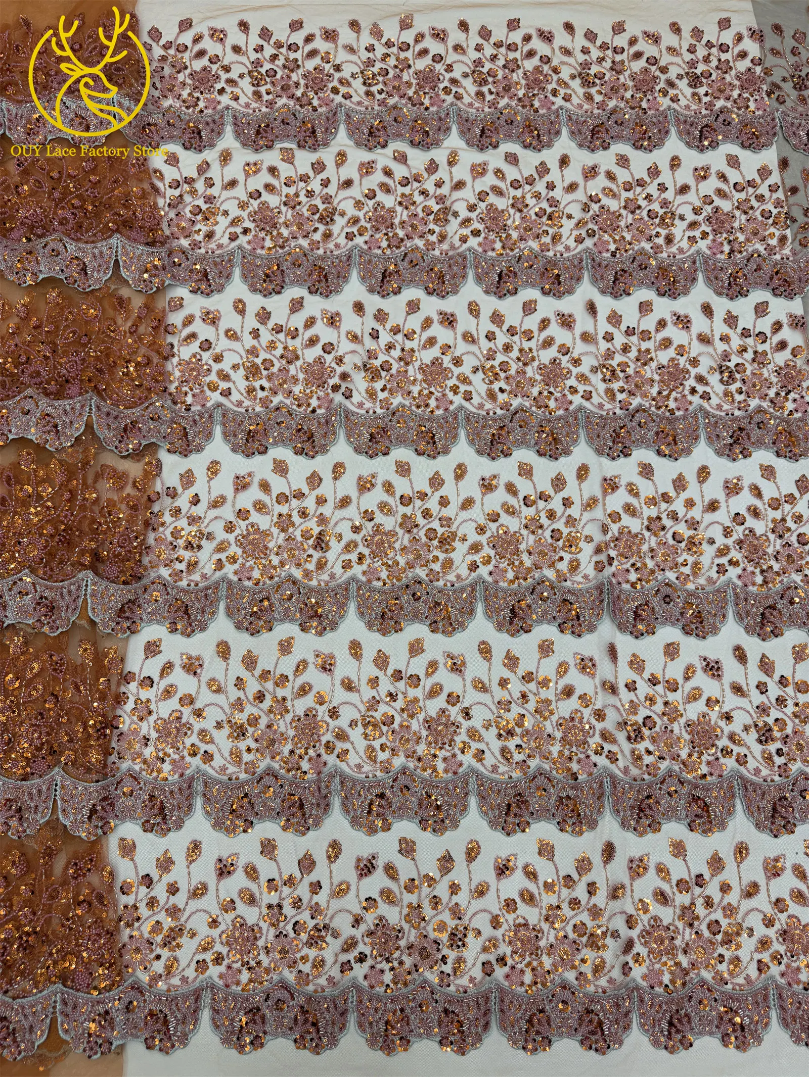 Neuer Stil Französische 3D-Stickerei Spitze Perlen Pailletten Tüll Spitzenstoff 2026 Orange Afrikanischer Spitzenstoff für Hochzeits- und Partykleider – Detail 11