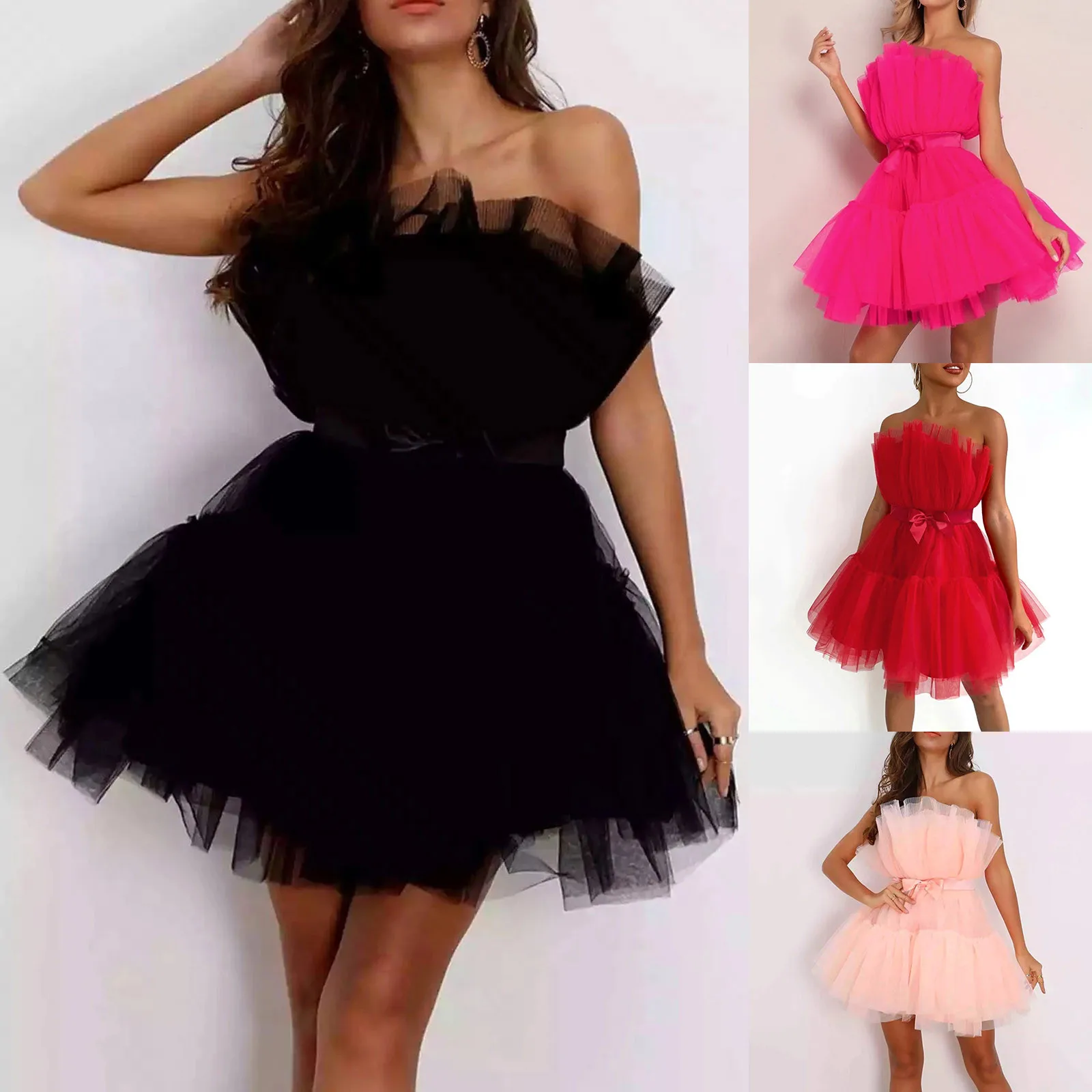 Tulle Dress Women Short Puffy Prom Dress Strapless Mesh Birthday Fairy Dresses Ruffle Cocktail Party Sexy Evening Formal Female