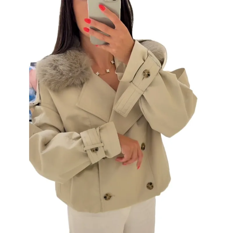 

Двубортные куртки с макси-рукавами и карманами с лацканами, новые осенние женские повседневные уличные верхняя одежда, женские модные однотонные пальто с меховым воротником