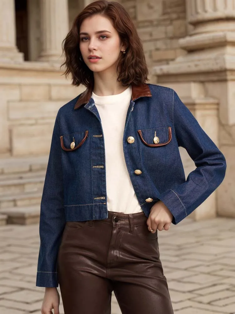 

Single Breasted Short Coat For Women Long Sleeve Turn Down Collar Vintage Jacket Patchwork Pocket Fashion Outerwear Tops