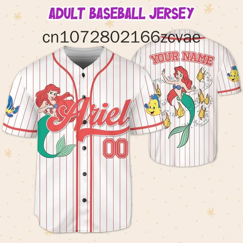 Free Custom Disney The Little Mermaid Baseball Jersey Street Fashion Men's and Women's Children's Short sleeved Baseball Shirt