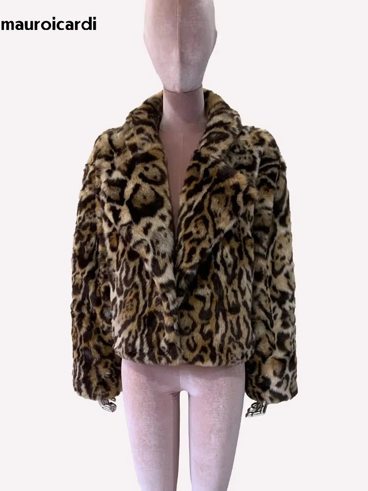 Mauroicardi Spring Winter Short Thick Warm Colorful Leopard Print Faux Fur Coat Women Loose Luxury Fluffy Jacket Furry Cardigan