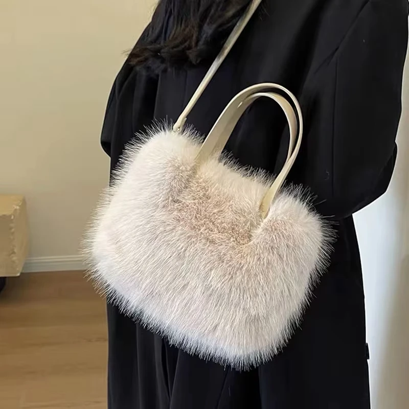 

Women's Mini Soft Solid Color Faux Fur Shoulder Bag Winter Plush Handbag Ladies Elegant Crossbody Bag Fashion Casual Furry Purse