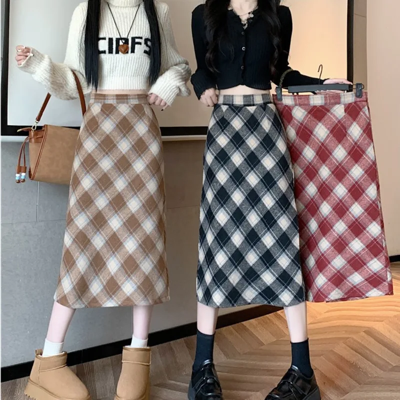 Women Fashion Long Skirts Hip A-line Retro Elegant High Waist All-match Vintage Plaid Preppy Style Office Style Skirt