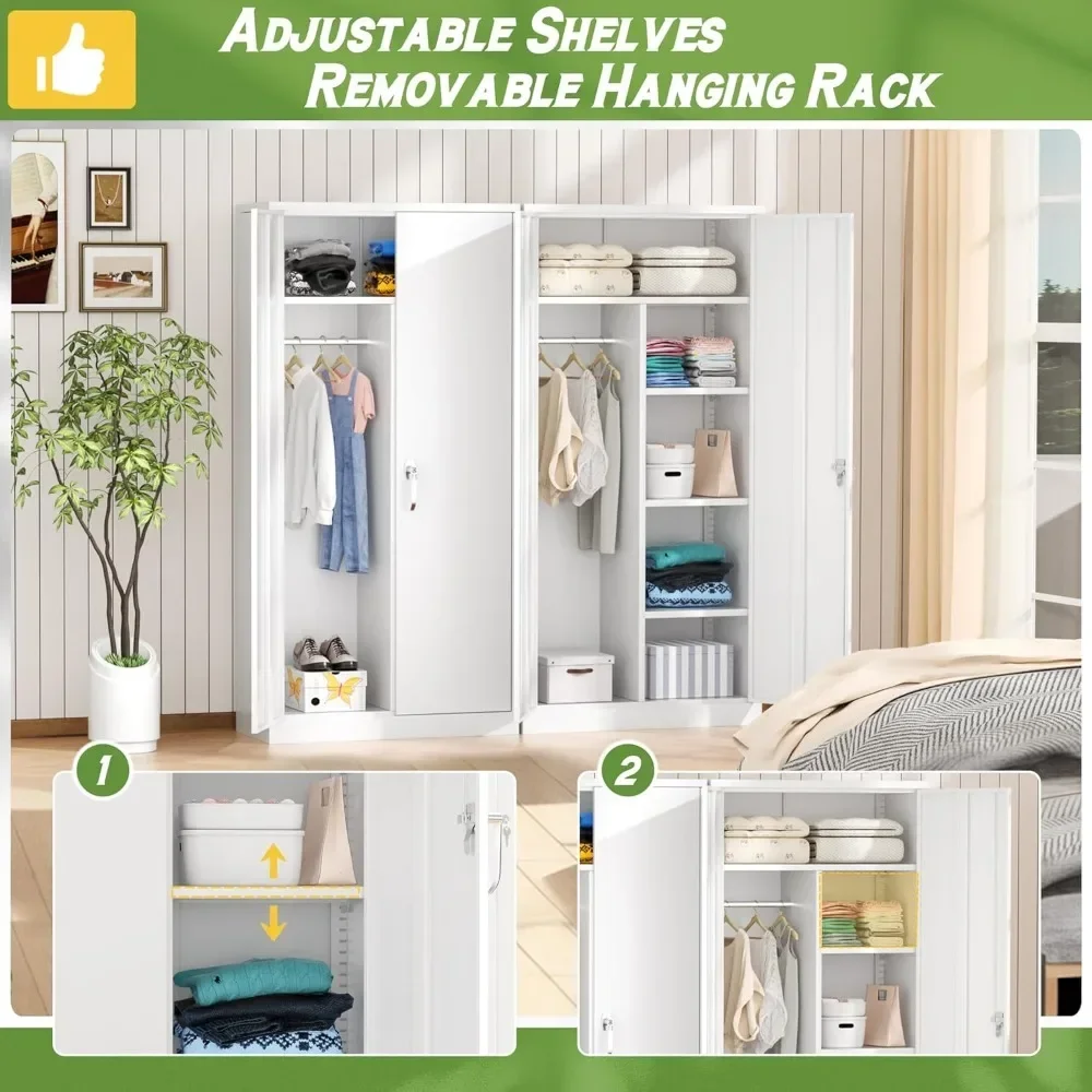 Wardrobe Closet, 72" Armoire Wardrobe Cabinet-Functional Clothes Storage with Hanging Rail, White Storage Cabinet, Metal Cabinet image 2