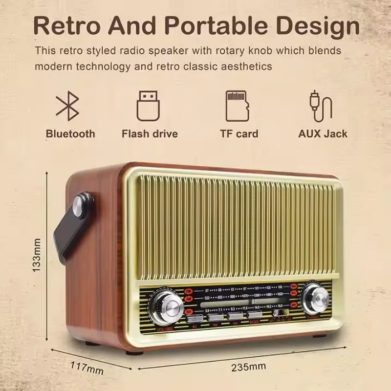 510BT Portable Vintage Retro USB AM/FM/SW Multiband Radio Mini Home Rechargeable Radios Music Player Wooden Wireless Speakers