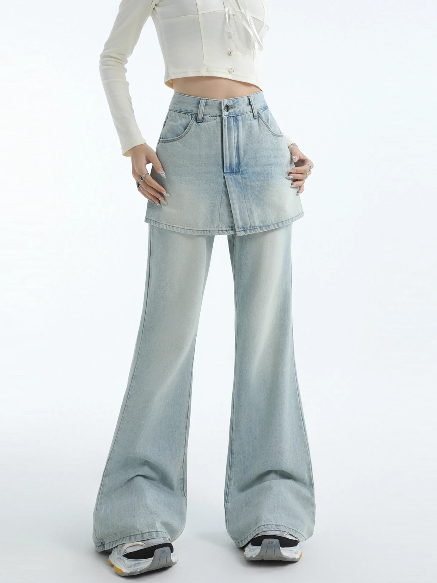 

Голубые узкие брюки с высокой талией, искусственные двухсекционные брюки со свистком, женские весенне-осенние джинсовые джинсы, широкие брюки с высокой талией