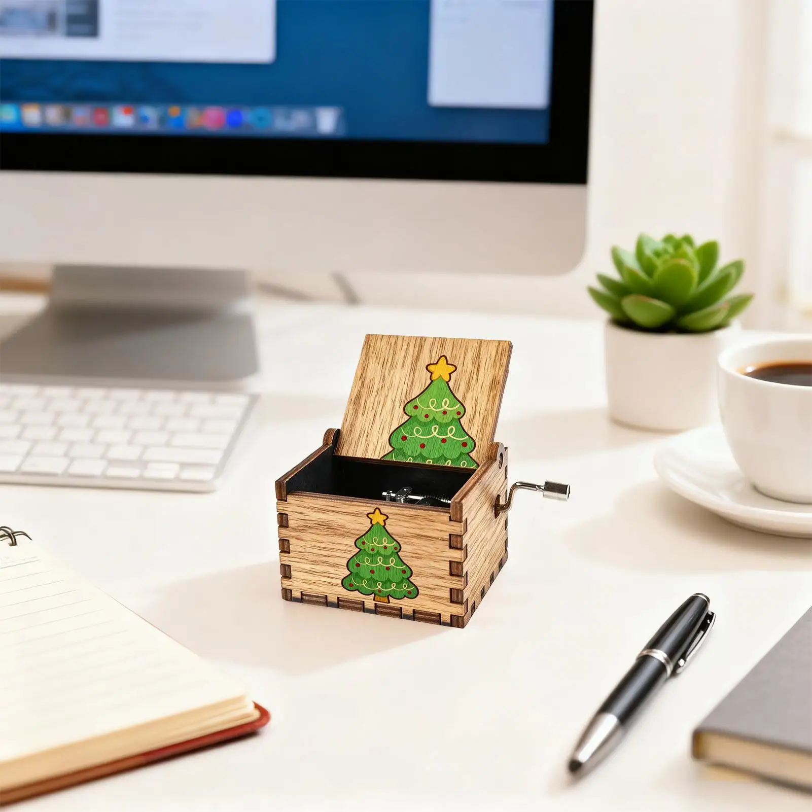 Christmas Music Box Decoration Wood Hand Crank Holiday Decoration Festive Desktop Music Box for Enthusiasts Collectors Home