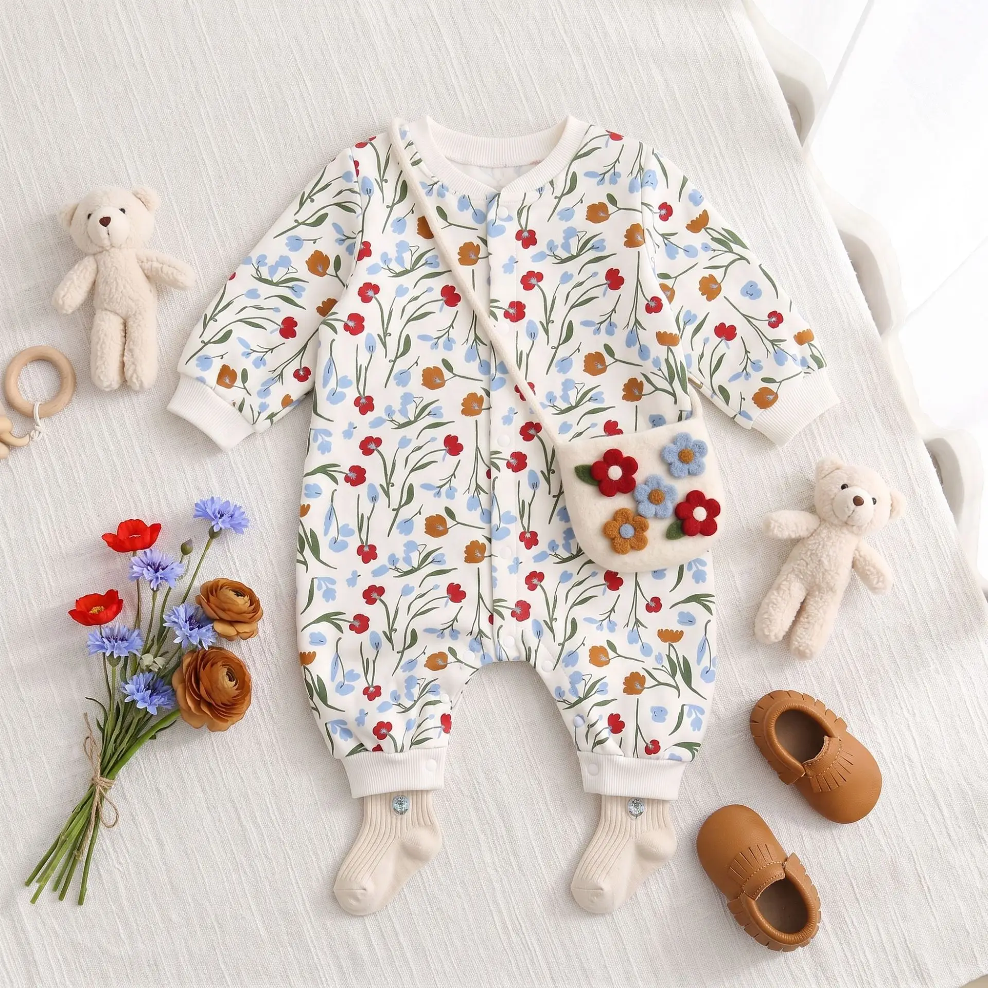0-24M Newborn Kid Baby Girl Flower Clothes Cotton Thick Romper Long Sleeve Floral Jumpsuit Cute Sweet Princess Outfit