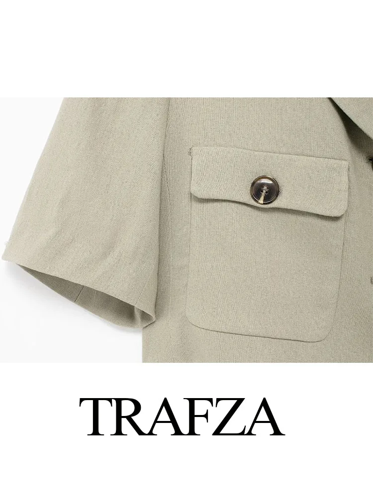 TRAFZA-Veste Élégante à Manches Courtes pour Femme, Poches, Simple Boutonnage, High Street, Automne