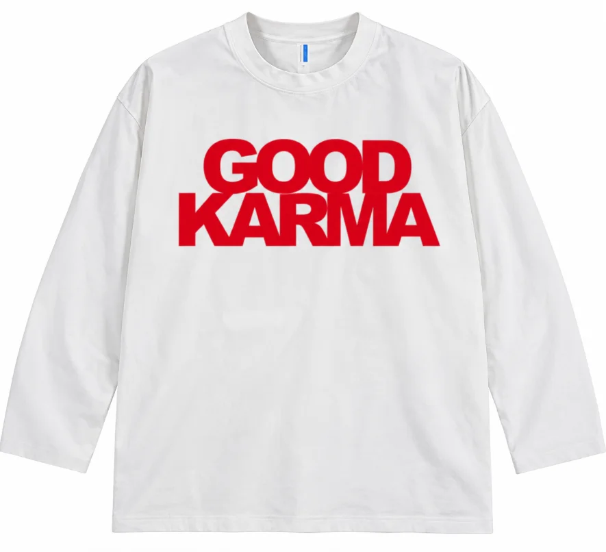Unisex White Long Sleeve Shirt GOOD KARMA Red Bold Letter Print Crew Neck Loose Casual Streetwear Basic Tee Top  Harajuku