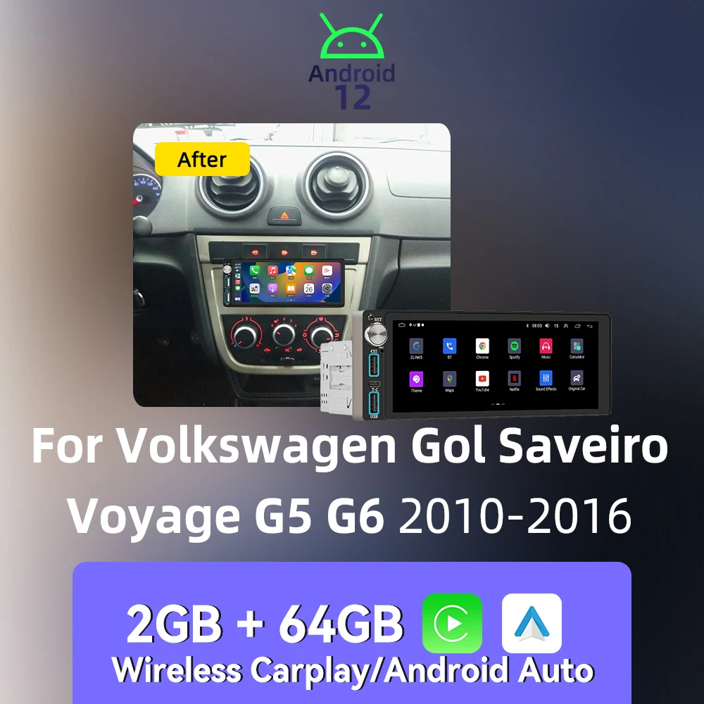 Carplay 1 Din Radio Android coche Multimedia para VW Volkswagen Gol Saveiro Voyage G5 G6 2010-2016 6,86 "unidad principal GPS Autoradio