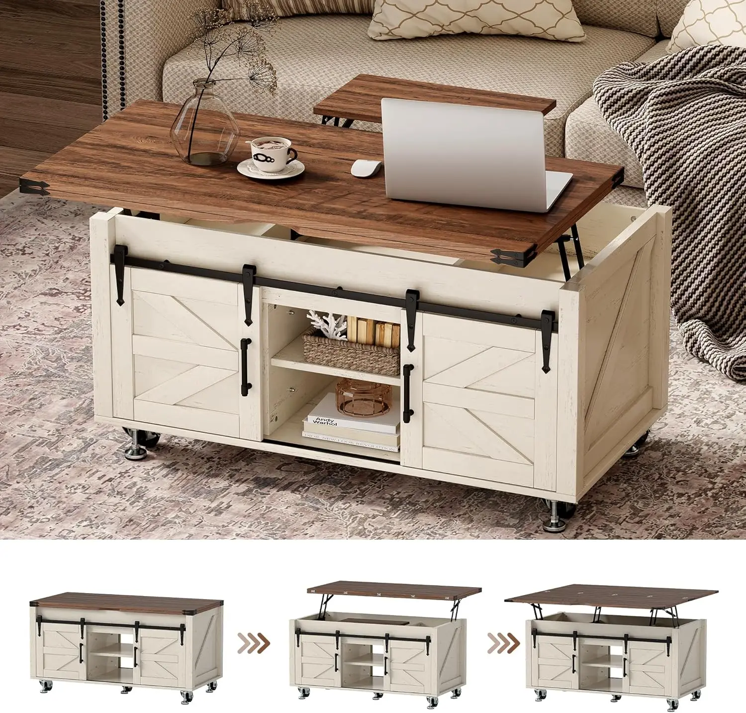 Mesa de centro rústica branca de fazenda de 40" - Mesa superior elevatória bilateral quadrada com porta deslizante de celeiro e grande armazenamento oculto