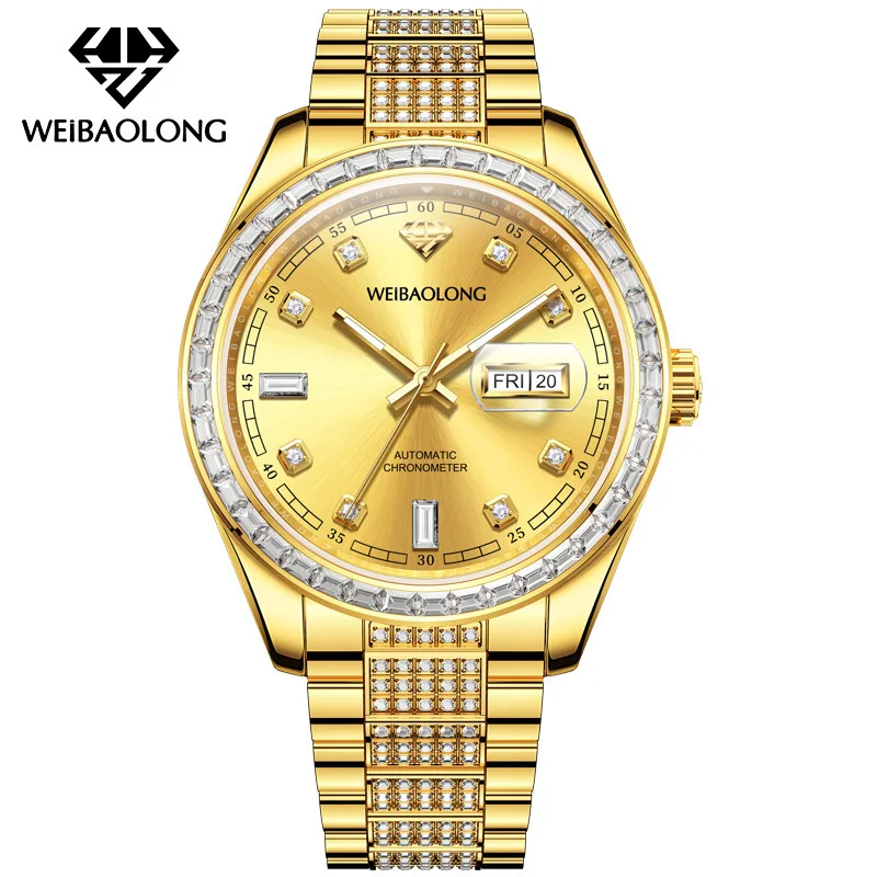 Automatic Mechanical Watch for Men WEIBAOLONG Day Date Gold Tone Stone Set Steel Bracelet Luminous Hands 50m Water Resistant