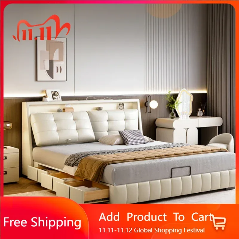 

Japanese Leather Modern Double Bed Luxury Loft Adults Space Saving Double Bed Frames Queen Compact Creative Cama Hotel Furniture