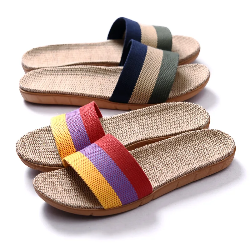 Men Shoes Slippers Linen Home Indoor Unisex Open Toe Flat Shoe Beach Slippers Striped Indoor Slides Shower Pantuflas Hombre