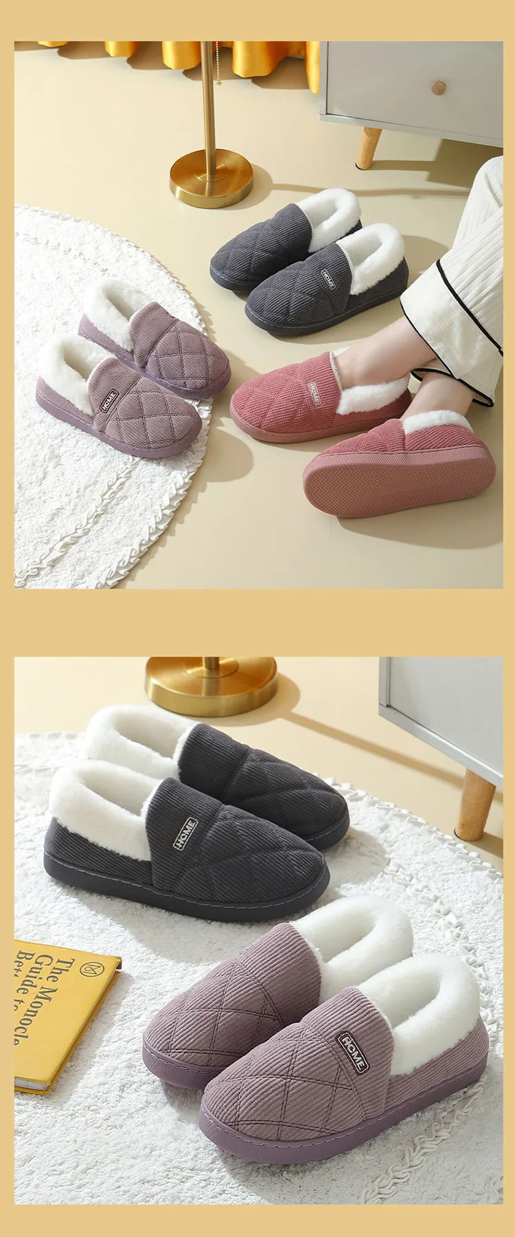 Shevalues Flauschige Baumwollschuhe für Damen, rutschfeste flache Hausschuhe, flauschige, gemütliche, warme Hausschuhe, Winter-Hausschuhe mit weicher Sohle – Detail 11