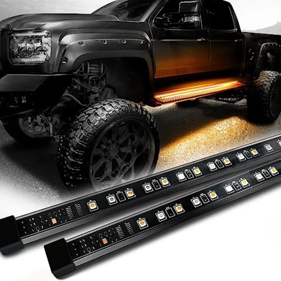 

Extended Crew Cab Pickup side running board lights: 78-inch LED strips, sequential amber turn signal, DRL, white courtesy light