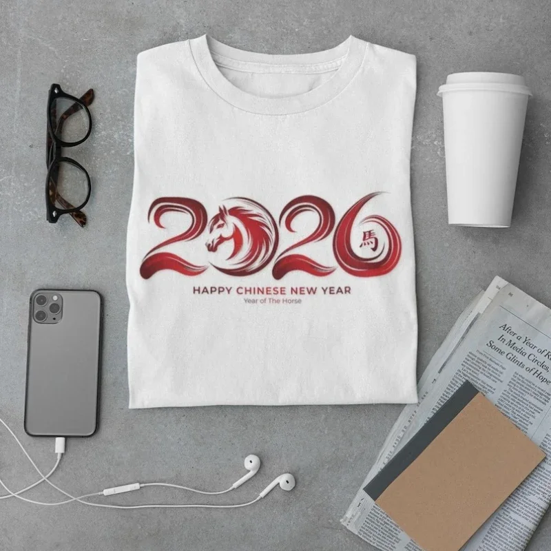 سنة الحصان 2026 للجنسين قميص السنة القمرية الجديدة الصينية زودياك رسائل بسيطة مطبوعة القطن قمم تي شيرت Crewneck موضة تيز #1