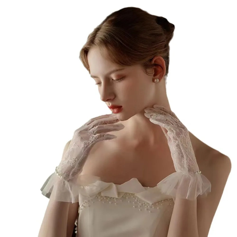 

Подарочные дышащие свадебные перчатки с бантом, тонкие свадебные варежки, марлевые жемчужные сетчатые кружевные перчатки, женские