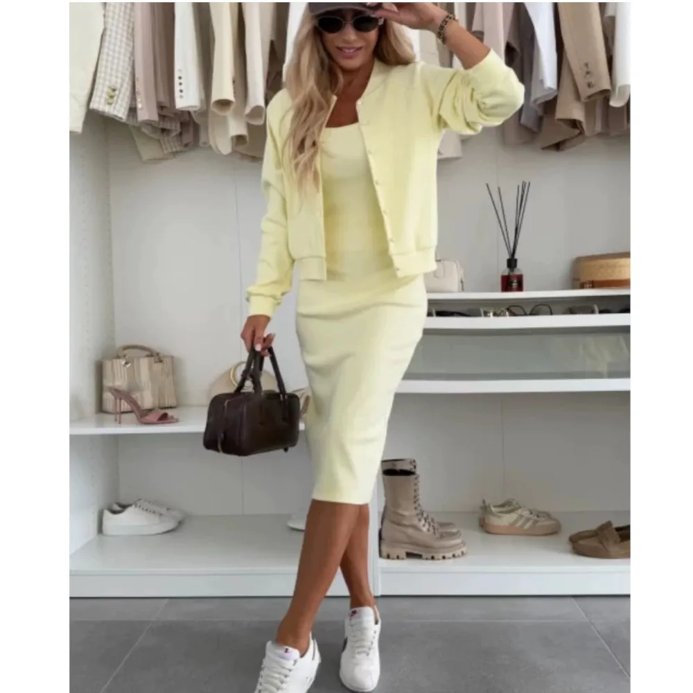 

Elegant Women's Suspender Dresses Cardigan Jacket Two-piece Autumn Fashionable Slim Hip-packing Ladies One-step Dress Set 2025
