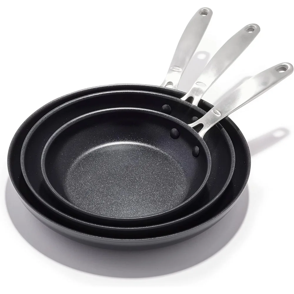 

Набор трехслойных сковородок, 8, 10 и 12 дюймов, керамическое антипригарное покрытие, без PFAS, ручки из нержавеющей стали, можно мыть в посудомоечной машине