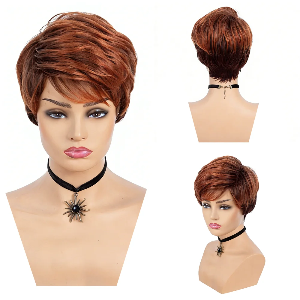 Ombre Brown Short Pixie Wig For Women Dark Roots Copper Red Layered Wavy Wig Soft Synthetic Heat Resistant Hair Daily Cosplay