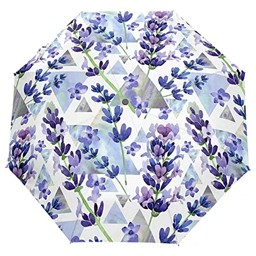 Purple Lavender Flowers Folding Umbrella Spring Romantic Floral Compact Windproof Travel Umbrellas Rain Sun for Adults Teens Kid