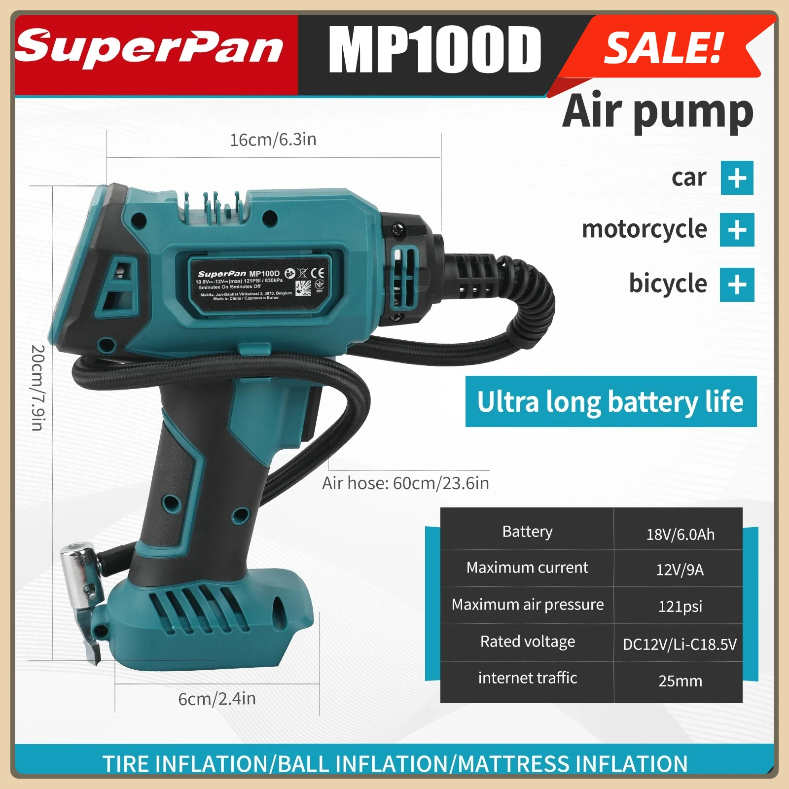

SuperPan DYS60 Fully Automatic Cordless Inflator:Electric Air Pump, Handheld Car Tire Compressor, Compatible with Makita Battery