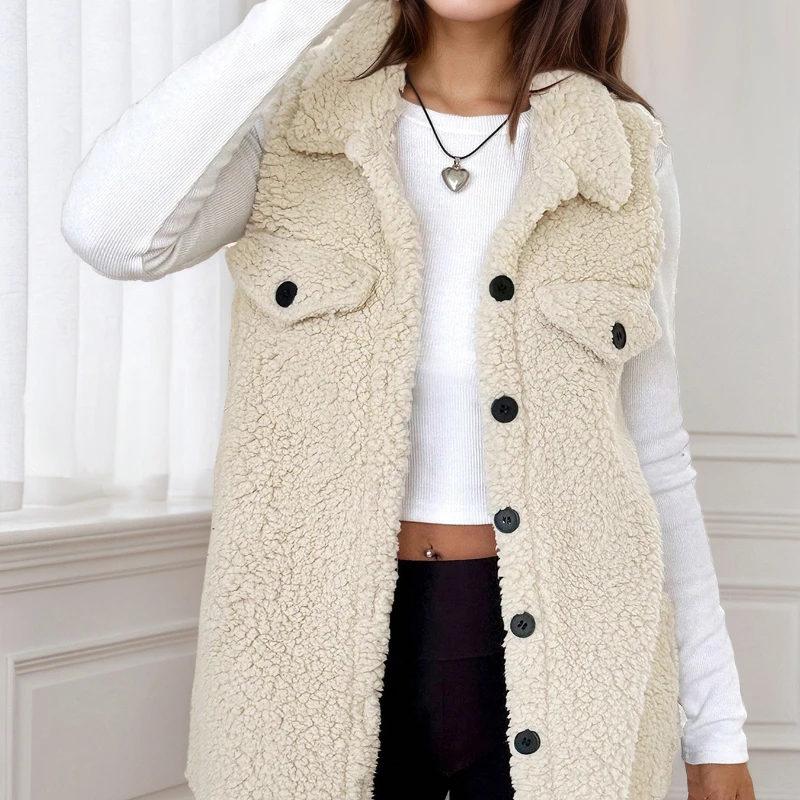 Elegant Autumn Winter Warm Women's Lapel Sleeveless Coats Button Plush Jacket Loose Vests Fashion Casual Outerwears Coat