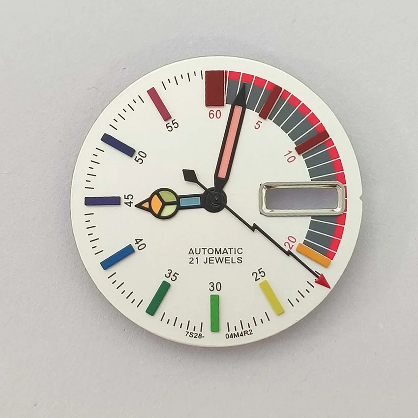28.5MM Colorful Marks Luminous Metal Watch Dial + Hands Black/ White Frosted Surface Long Window Watch Parts for NH36 Movement