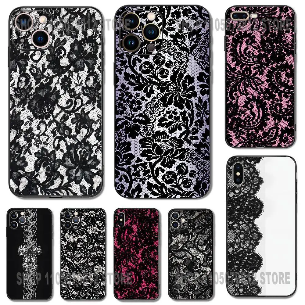 

Black lace print New Hot Phone Case For iPhone 17 16,15,14,13,12,11,Pro,XS,Max,XR,Plus,Mini Soft Silicone Black Shockproof
