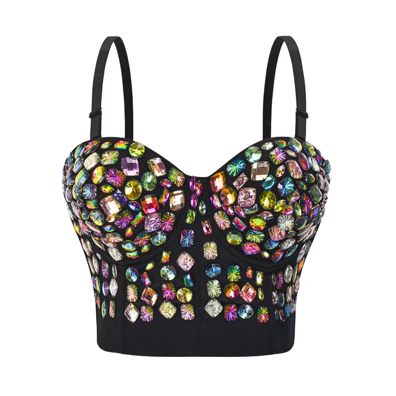 

Black Multicolored Diamonds Spaghetti Straps Luxury Push Up Bras For Women Bralette Crop Top Bra Sexy Fashion Dance Club Wear