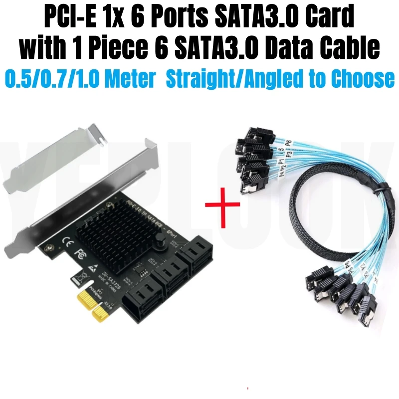 PCIe x1 to 6 SATA3.0 SATAIII Expansion Card Adapter Chip ASM1166 6Gbps for HDD SSD, NAS, BTC Miner Mining, Data Cable Optional